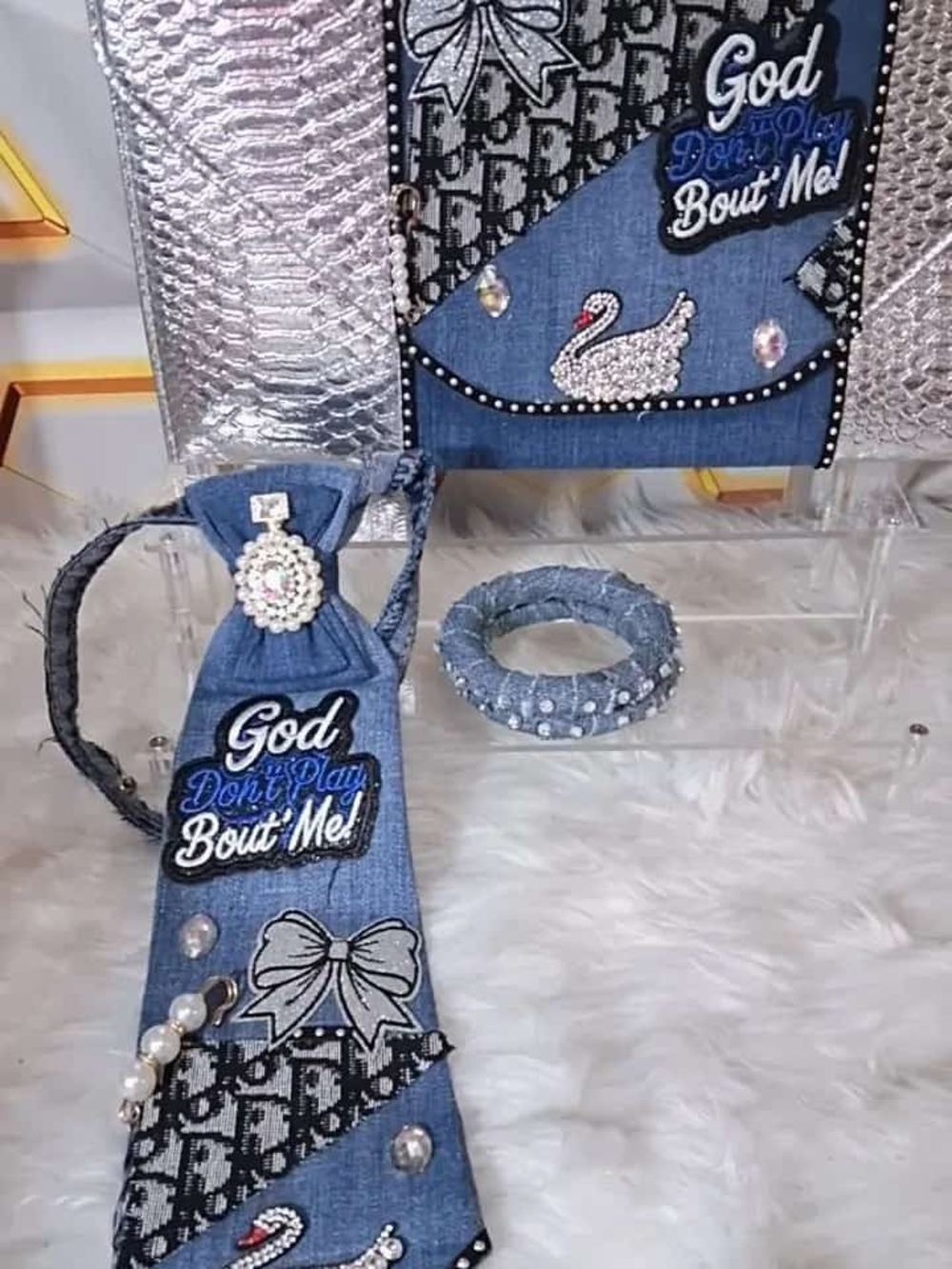 Denim Statement Headband and Bracelet Set - Blue -